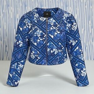 7 For All Mankind Blue and White Patterned Quilted Crop Jacket